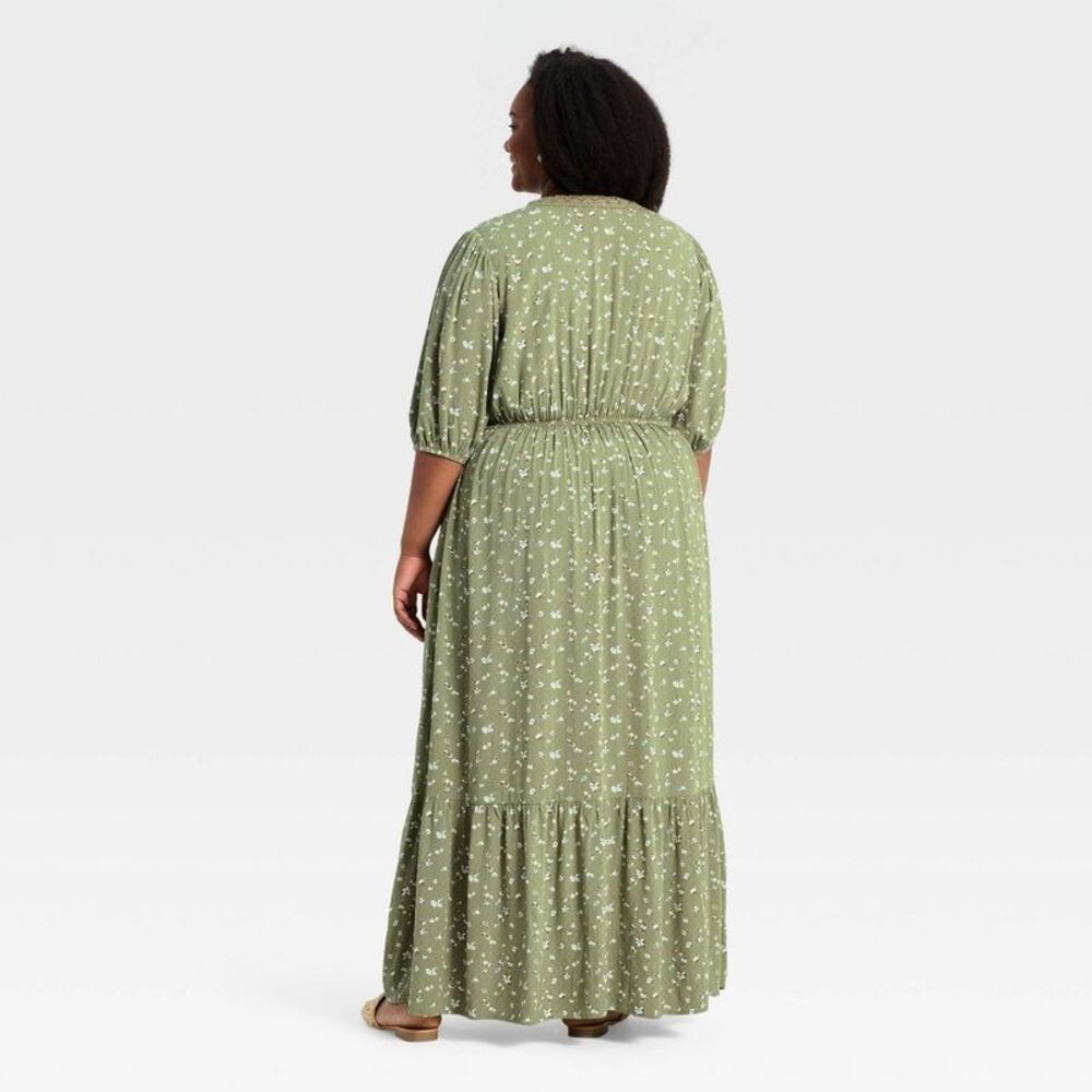 Ava & Viv - Women's Elbow Sleeve Button-Front Lace Trim Maxi Dress Green - Picture 2 of 4